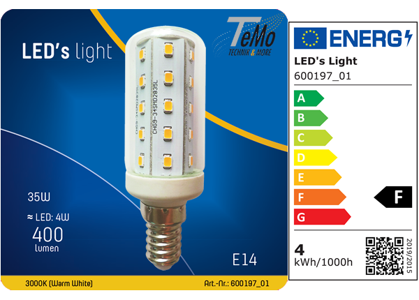 1 STÜCK (VPE) SHADA LED Röhrenform E14 400lm 4W, warmweiss 3000K, CRI97 klar, EEC: F (0600197_01)